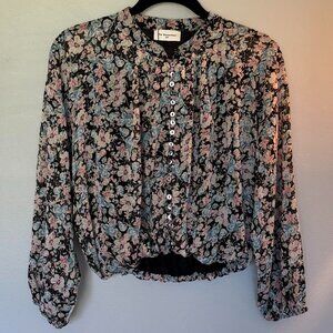Floral Long Sleeve Sheer Crop Shirt Top Black Flower